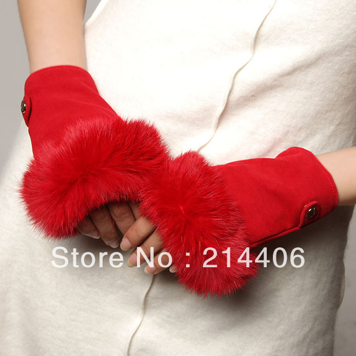 lady's winter fashion warm semi-finger sheepskin leather dress glovespolyester linning with rabbit fur trim  red color
