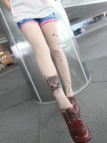 Lady Sexy cat star Tattoo Socks Transparent Pantyhose Stockings Tights Leggings