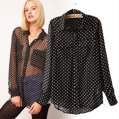 Lady sexy chiffon unlined upper garment wave point shirt 1 piece free Free shipping/ DT322