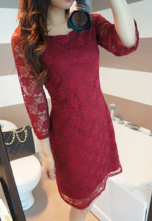 Lady Sexy Flower Scalloped Neck vintiage long Sleeve Womens elegant Mini Lace Dress for women  Free Shipping