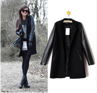 Lady Simple full-black devise Luxury Faux Leather Long Sleeve Woolen Trench Coat