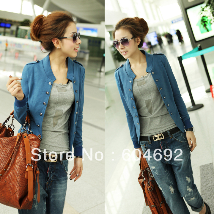 Lady Size S M L Jacket Epaulet Navy Long Sleeves Cotton Double Breasted Coat  HR399