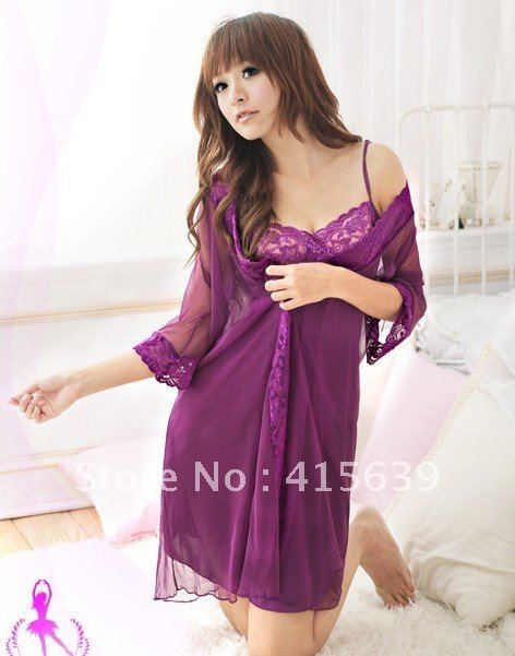 LADY Special Sexy Purple Lace Sleepwear Sexy Underwear Nightgown + Dress + G - string Free Shipping