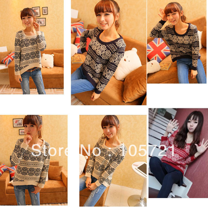 Lady Sweater Round Neck Nordic Irregular Knit Pullover Snowflake Black Longer (HR443)