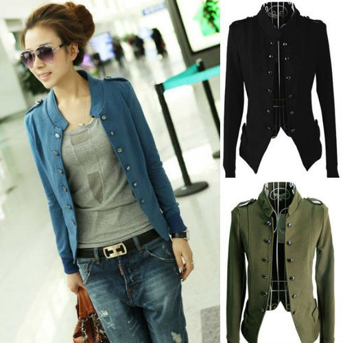 Lady Women Jacket Epaulet Long Sleeve Stand-up Collar Double Breasted Coat