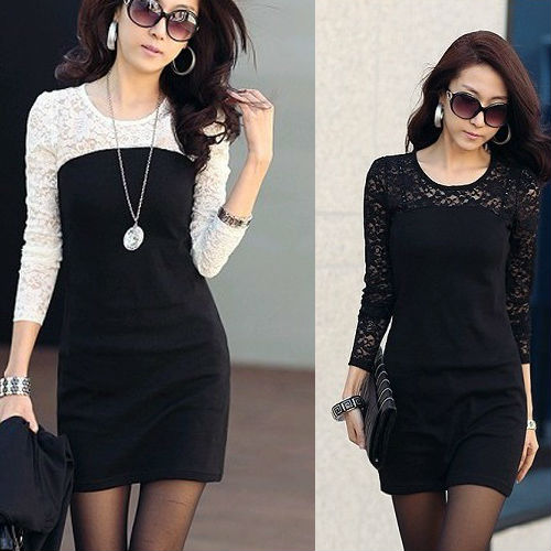 Lady Women's Lace Long Sleeve Crew Neck Party Mini Dress Black White WF-3810