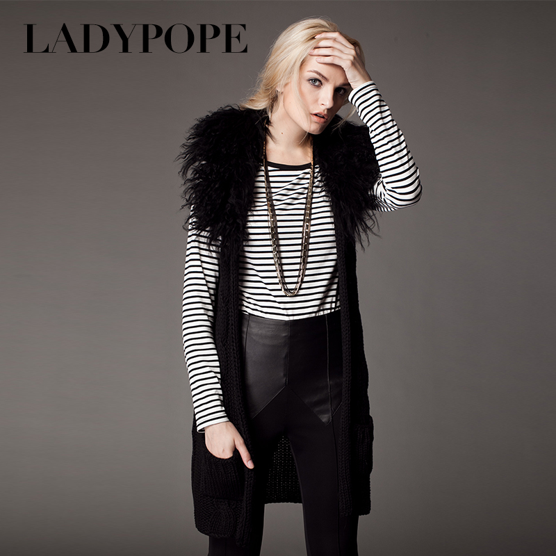 Ladypope2012 autumn new arrival fashion women's fur collar sleeveless cardigan loose yarn shirt 21h010