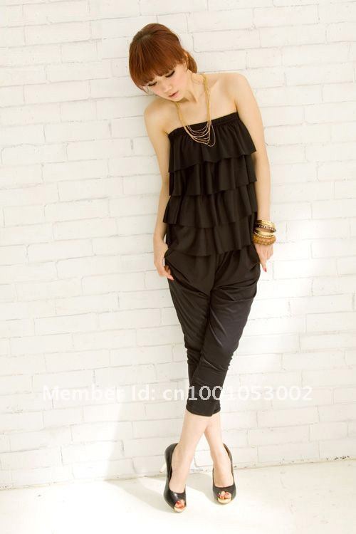 Ladys Lovely Shoulder Off  Layered Suits Jumpsuits  Romper Pants X7232 Free Shipping Black Grey