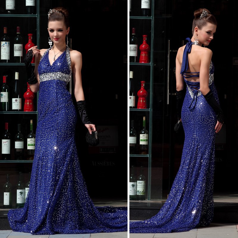 Lan kwai fong 2112 ultra long trailing formal dress navy blue quality beading evening dress formal gowns