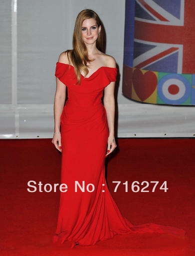lana_del Red Off Shoulder Ruffles Jewel  A Line Floor Length Long Chiffon Celebrity Dresses Prom Gown