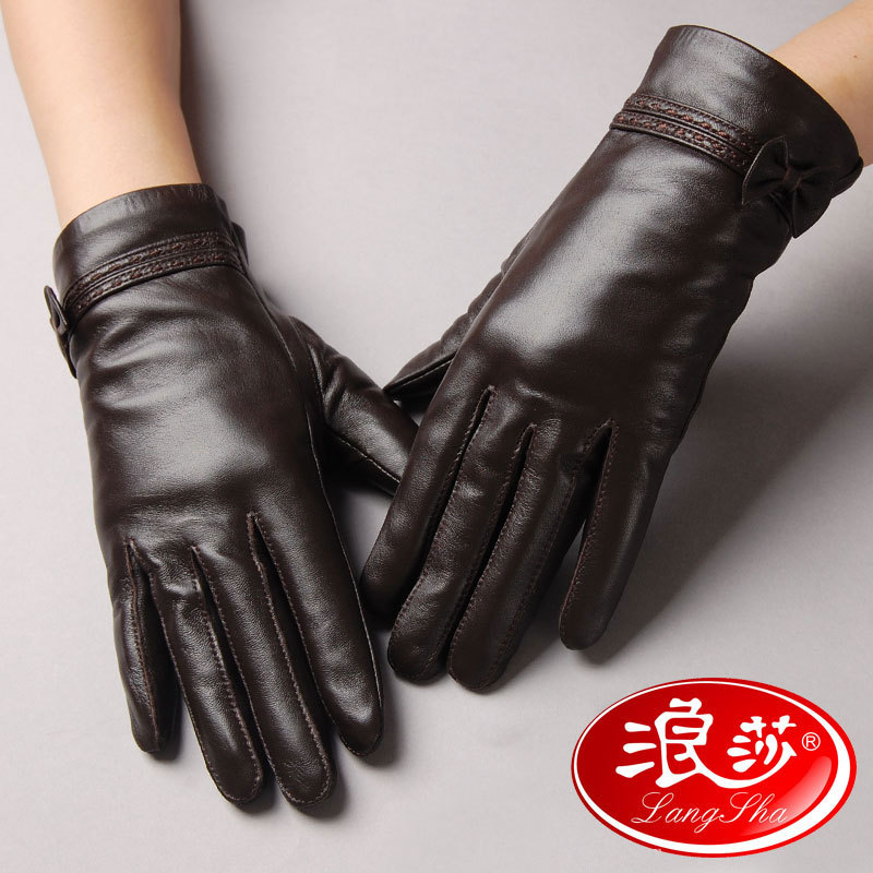 LANGSHA autumn and winter thin women's thermal finger gloves bow leather gloves sheepskin genuine leather gloves 9252