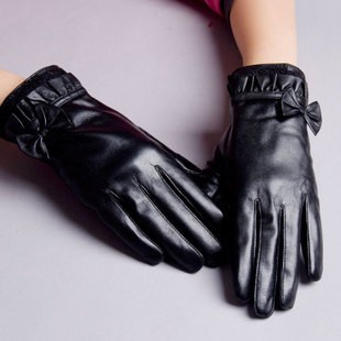LANGSHA bow lace women's genuine leather thermal gloves plus velvet thermal leather gloves 9672