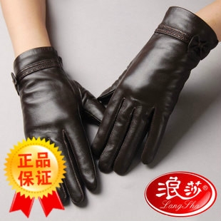 LANGSHA thermal leather gloves women's winter fashion sheepskin genuine leather gloves 9252 plus velvet bow