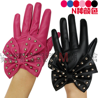 Large bow Women gloves women's rivet PU leather gloves ladygaga