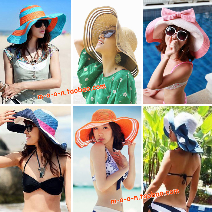 Large brim hat beach cap sun hat sun sun-shading strawhat big hat along steel wire style multicolor