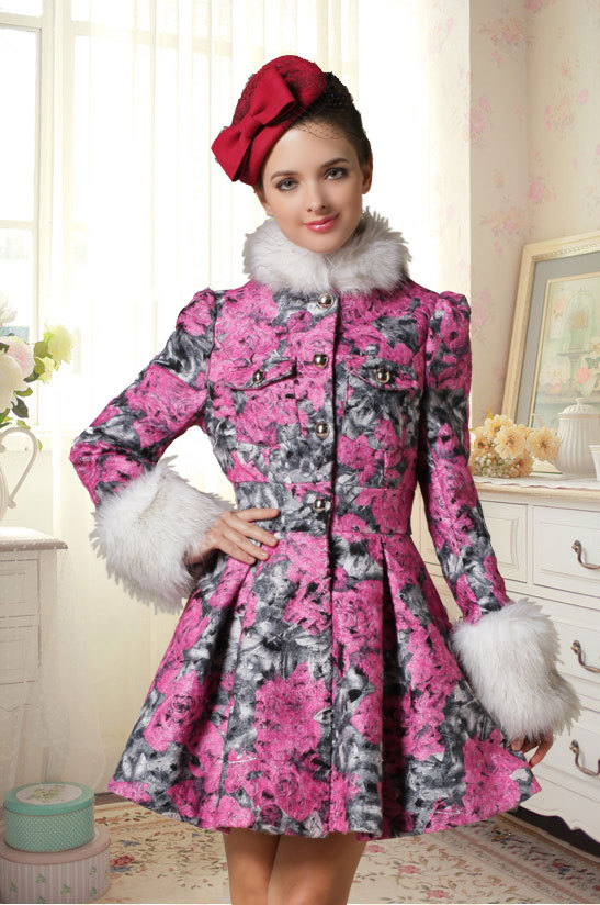Large cloth pink women's 2012 winter rose big flower fur collar slim waist expansion bottom wool coat outerwear doll