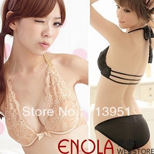 Large code Japanese fashion sexy sweet the hollow flower Duolei Si Seamless deep V hanging neck beauty back, Ms. bra sets