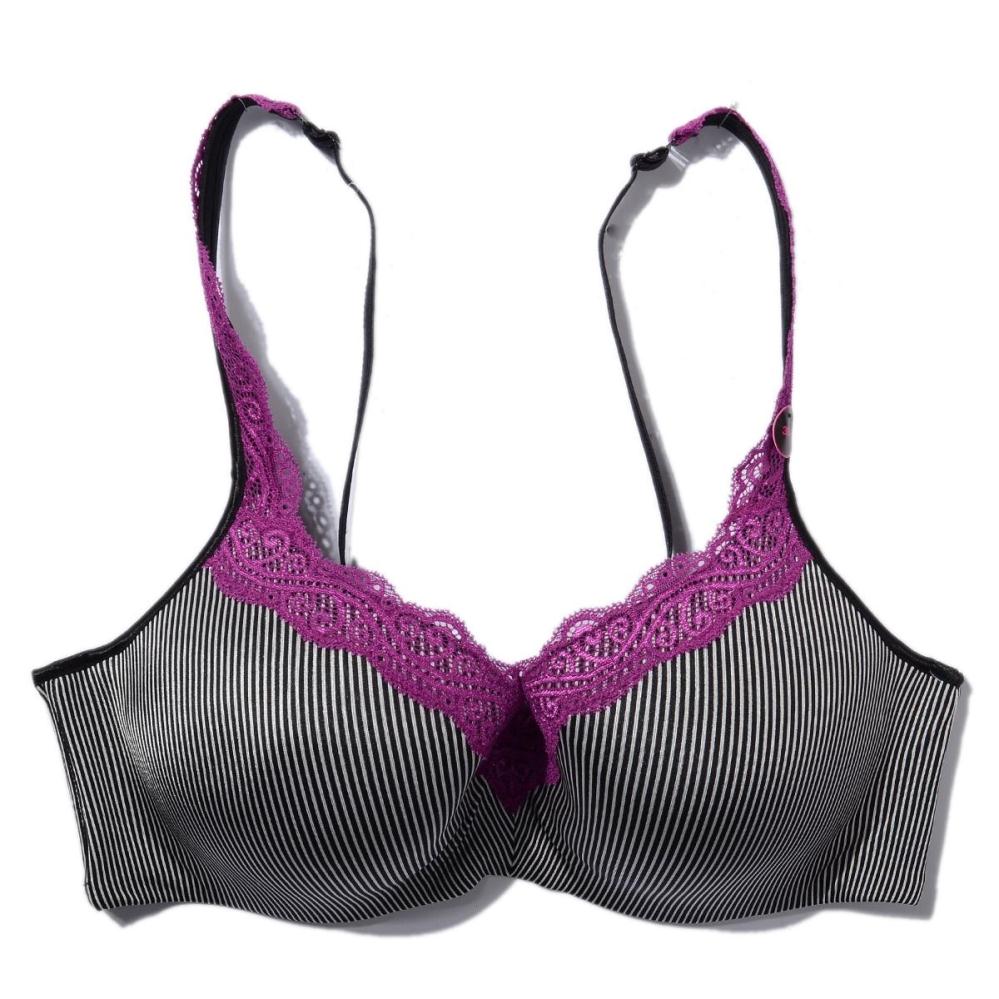 Large cup stripe underwear purple lace sexy shoulder strap plus size bra 95d100cdef