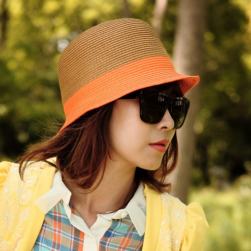 Large female fashion spring and summer color block decoration sunbonnet straw hat fedoras women's fashion