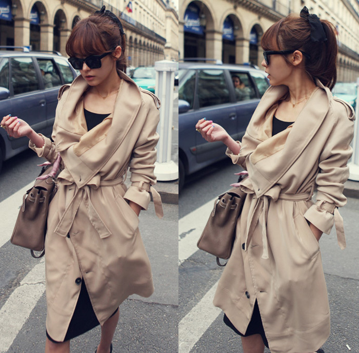Large lapel lacing casual medium-long cool fashion outerwear trench 0088