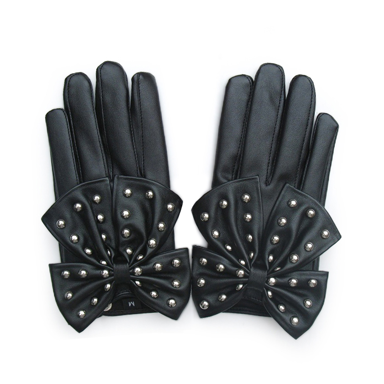 Large rivet bow fashion Women gentlewomen PU gloves leather