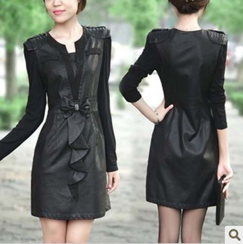 Large Size Black Female Bowknot Dress Cultivate one's Morality Splicing Backing Long Sleeve PU Washing Leather Skirt