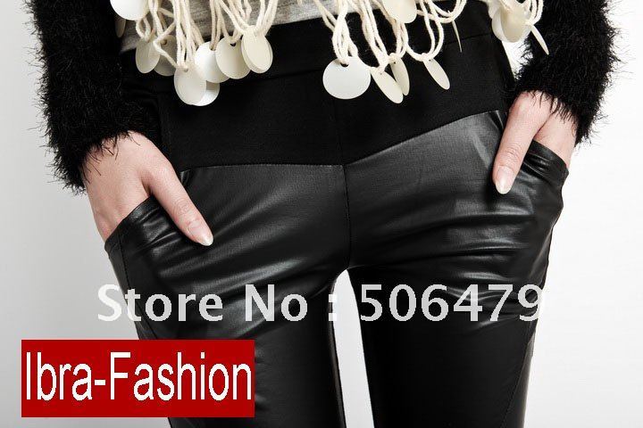 Lastest Fashion Black Cotton & PU leather joint  Woman's Punk tight Pants long Leggings pantyhose pocket Trousers Free Shipping