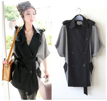 latest arrivals 2102 women spring double breasted short sleeve casual outerwear black wind patchwork overcoat with belt WC1703