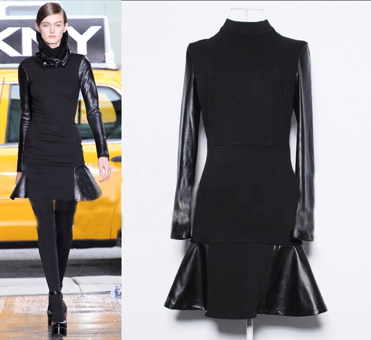 Latest Catwalk 2012 Autumn/Winter Women Fashion PU Patchwork Fish Tail Long Sleeve Leather Skirt  Designer Dresses SS12500