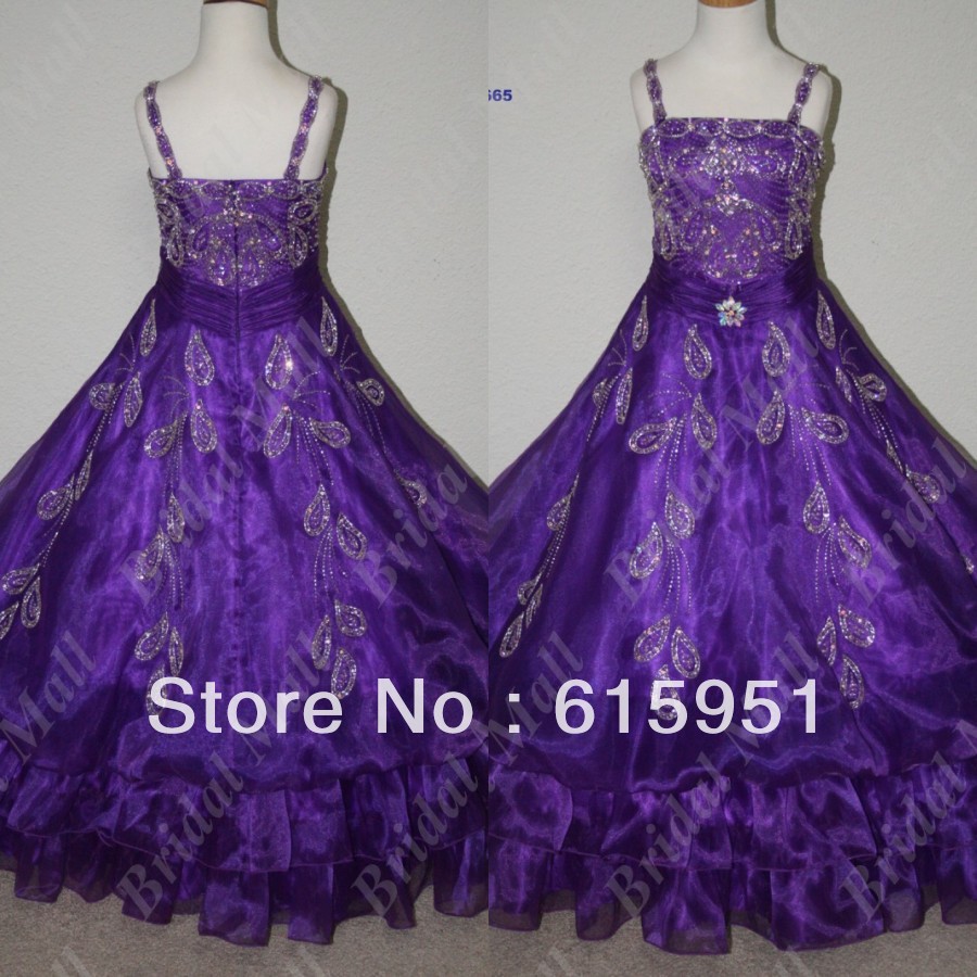 Latest design spaghetti strap crystal beaded ribbon belt prple organza ball gown party gowns girls pageant dress patterns JY057