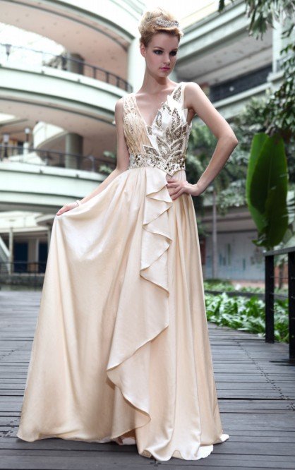 Latest Fashion Floor-Length Beige Celebrity Dress 2012 Free Shipping