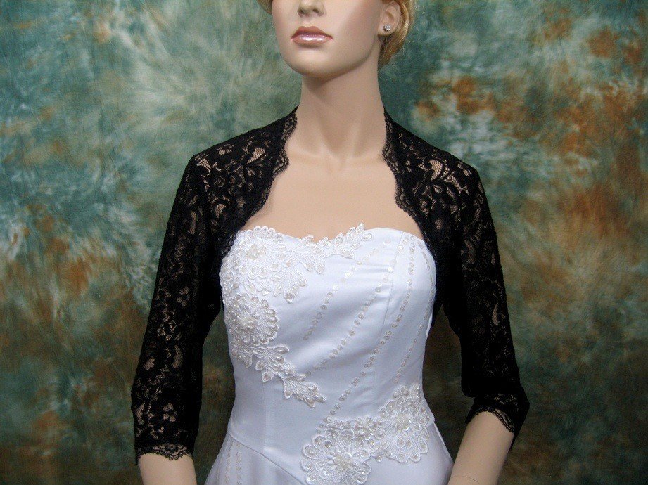 Latest Fast delivery 3/4 sleeve  black lace  high quality   bridal wedding jacket