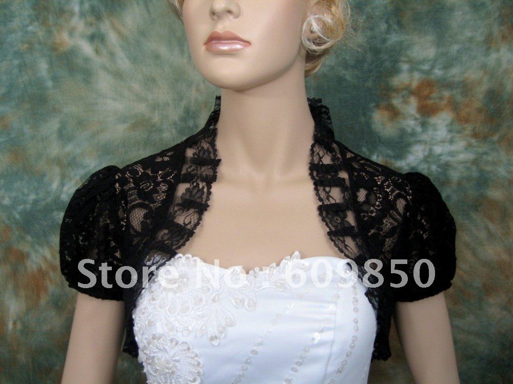 Latest Fast delivery short sleeve  black lace  high quality   bridal wedding jacket