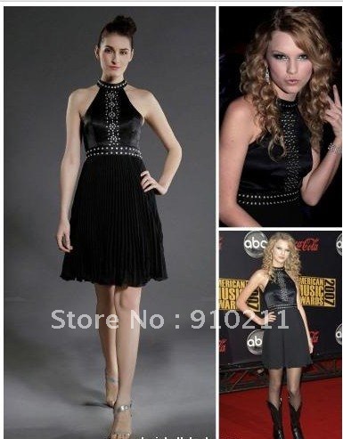 Latest Looking of New Arrival A-line High Neck Short/ Mini Chiffon Elastic Silk-like Satin Taylor Swift/ Cocktail Dress