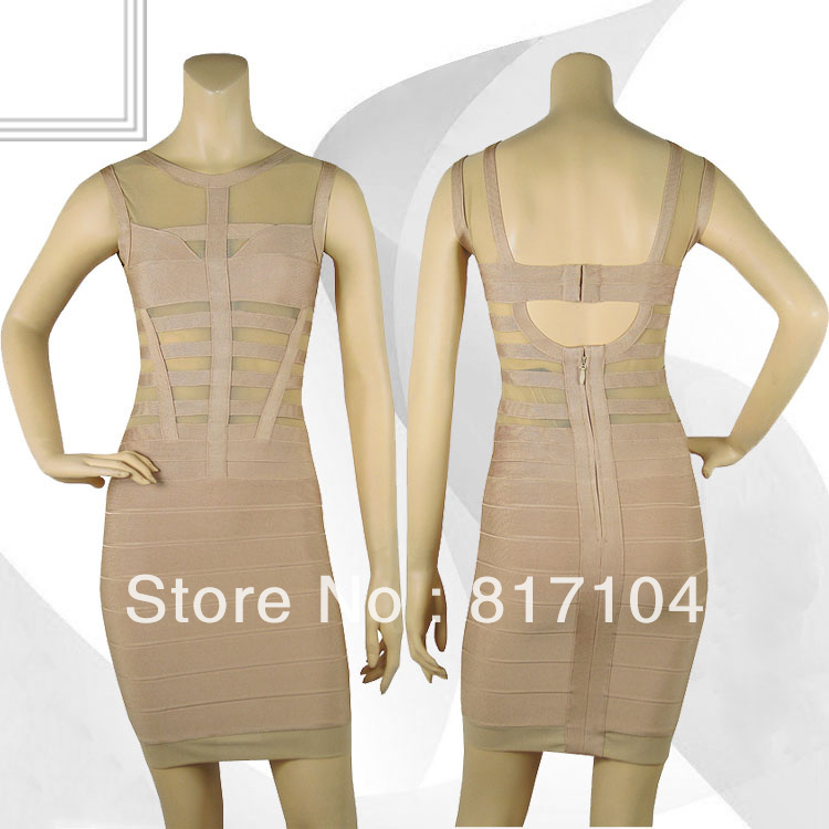 Latest style women's net apricot coloured backless lace HL bandage cocktail party evening sheath dresses
