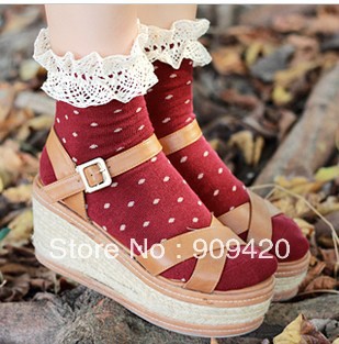 Lazy corner winter's 16 new female system cotton wavelet point sweet lace hollow out short socks 42063