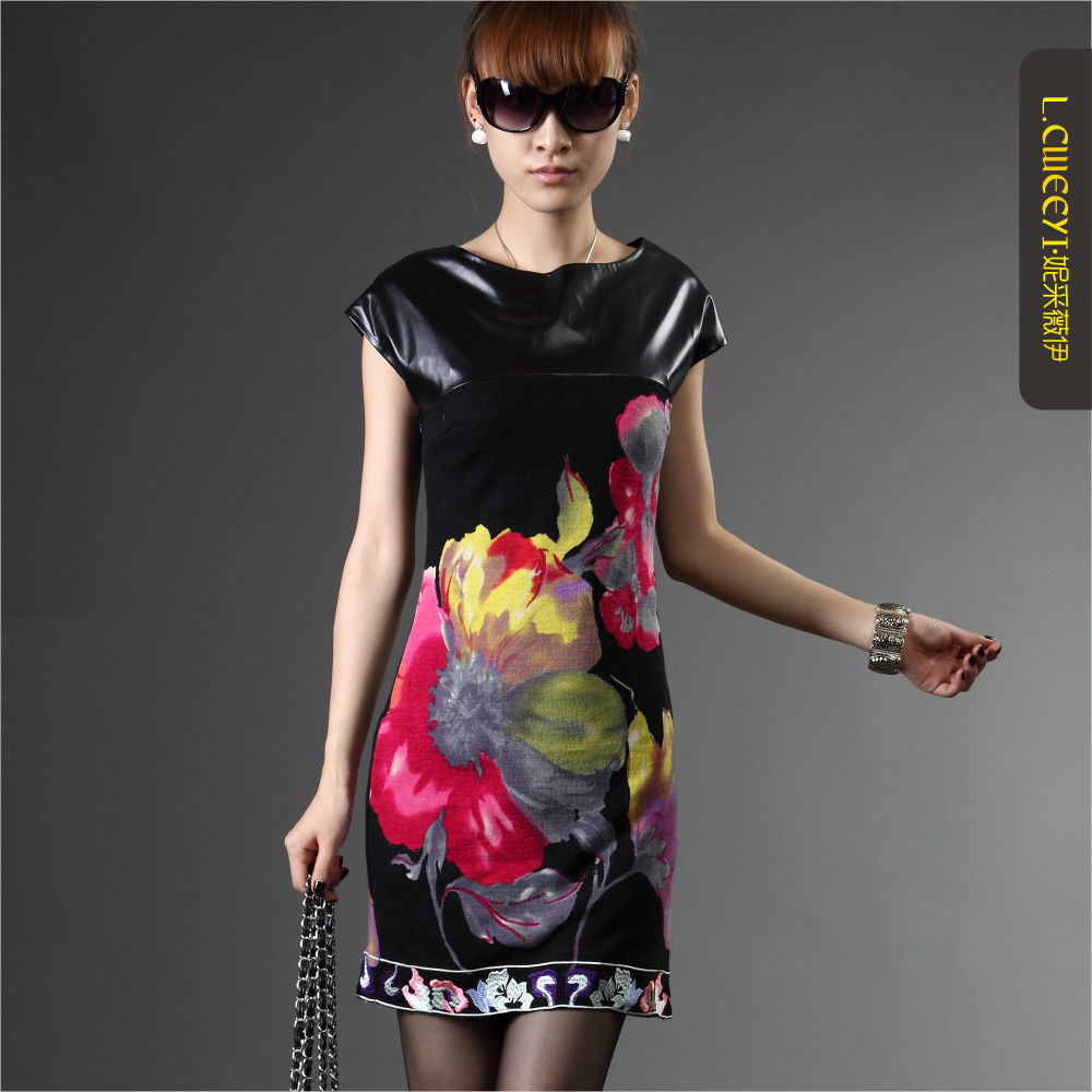 Lcweeyi print knitted leather one-piece dress