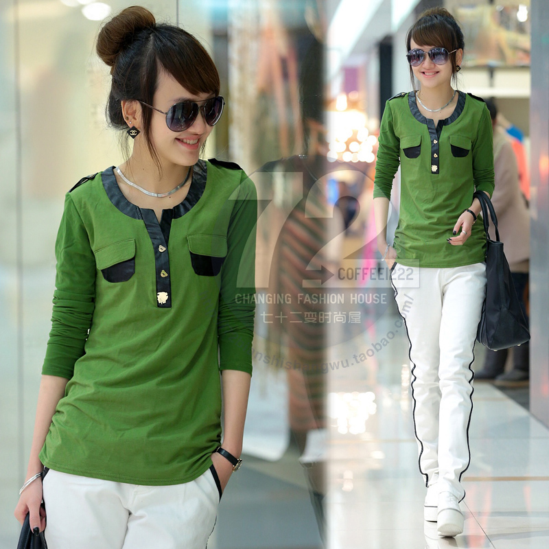 Ld1306 2013 spring women's leather patchwork o-neck long-sleeve slim t-shirt