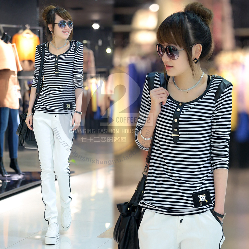 Ld1399 2013 spring women's leather patchwork epaulette stripe long-sleeve T-shirt