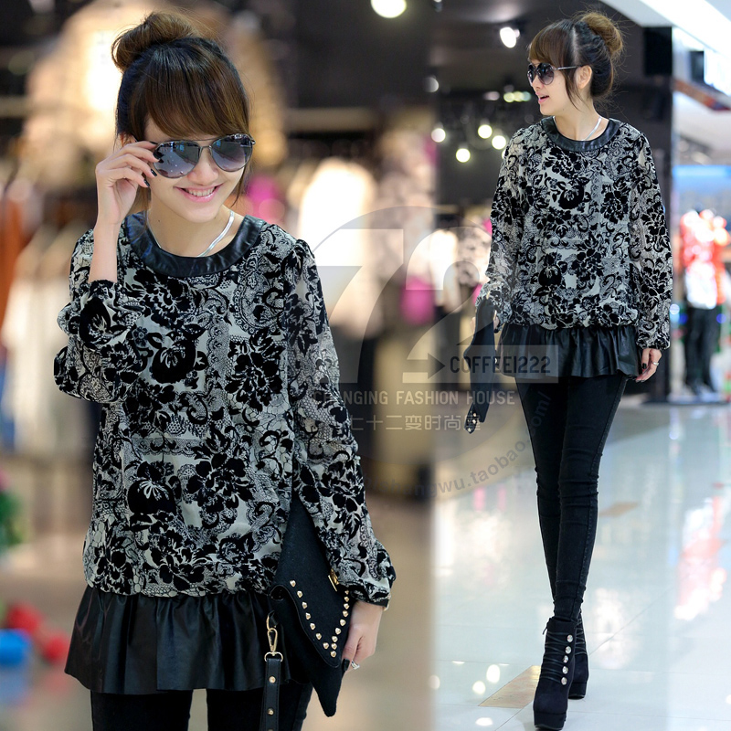 Ld8962 2013 spring women's pleated loose long-sleeve T-shirt leather patchwork