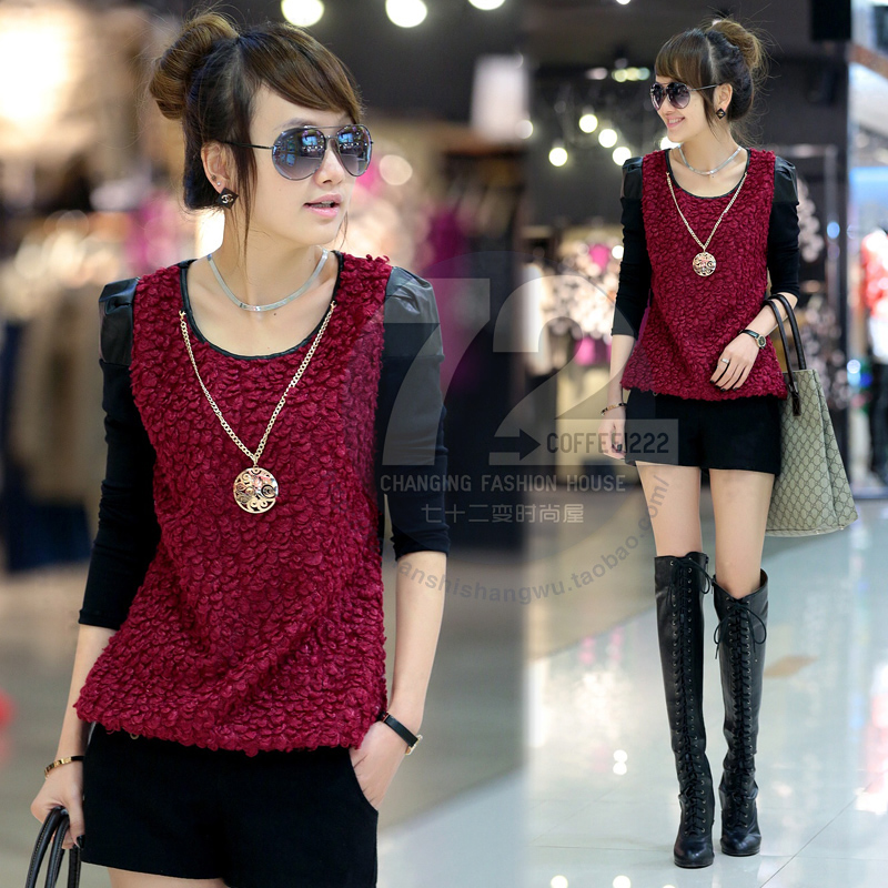 Ld920 2013 spring women's patchwork leather necklace slim long-sleeve T-shirt