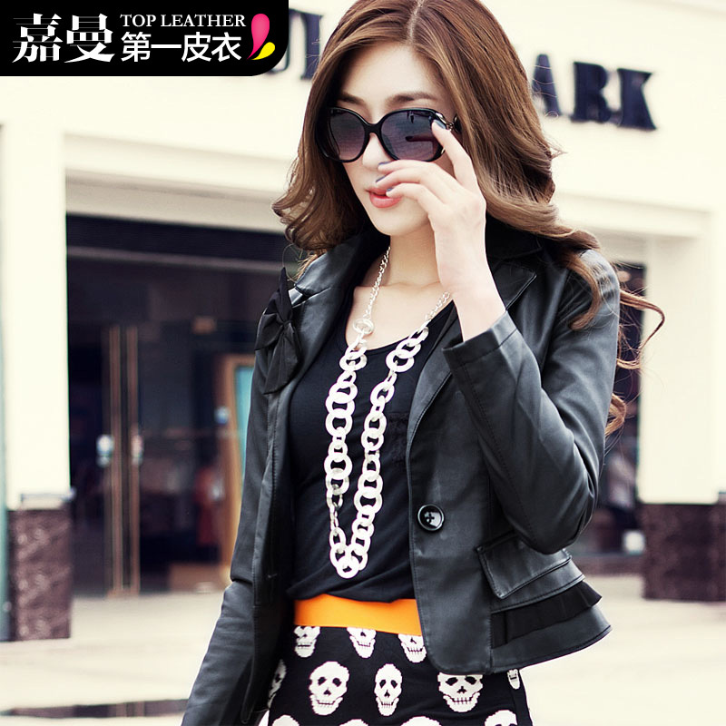 Leather clothing 2012 autumn bow ruffle short design slim leather clothing female 3k1176g6 free shipping