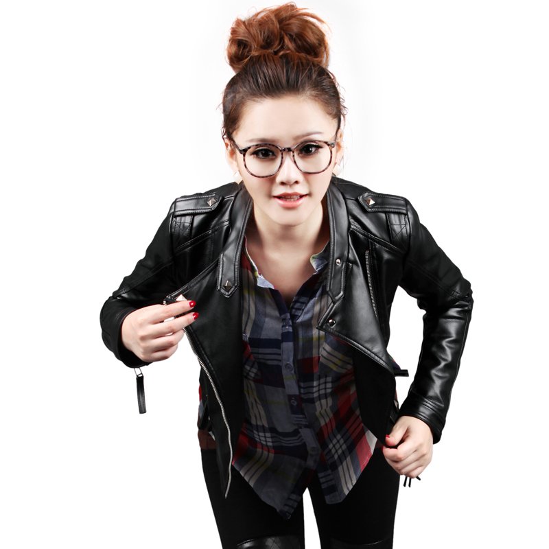 Leather clothing 2012 autumn outerwear motorcycle stand collar water washed leather zipper rivet small leather clothing