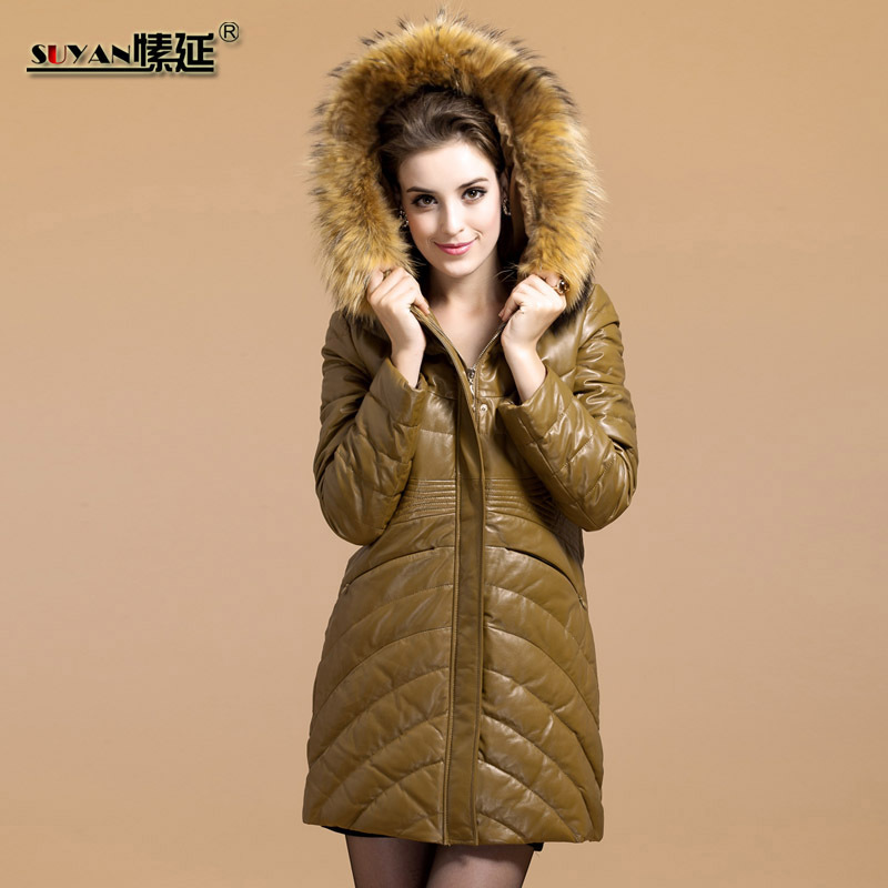 Leather clothing 2012 genuine leather down coat female sheepskin leather clothing long design raccoon fur with a hood