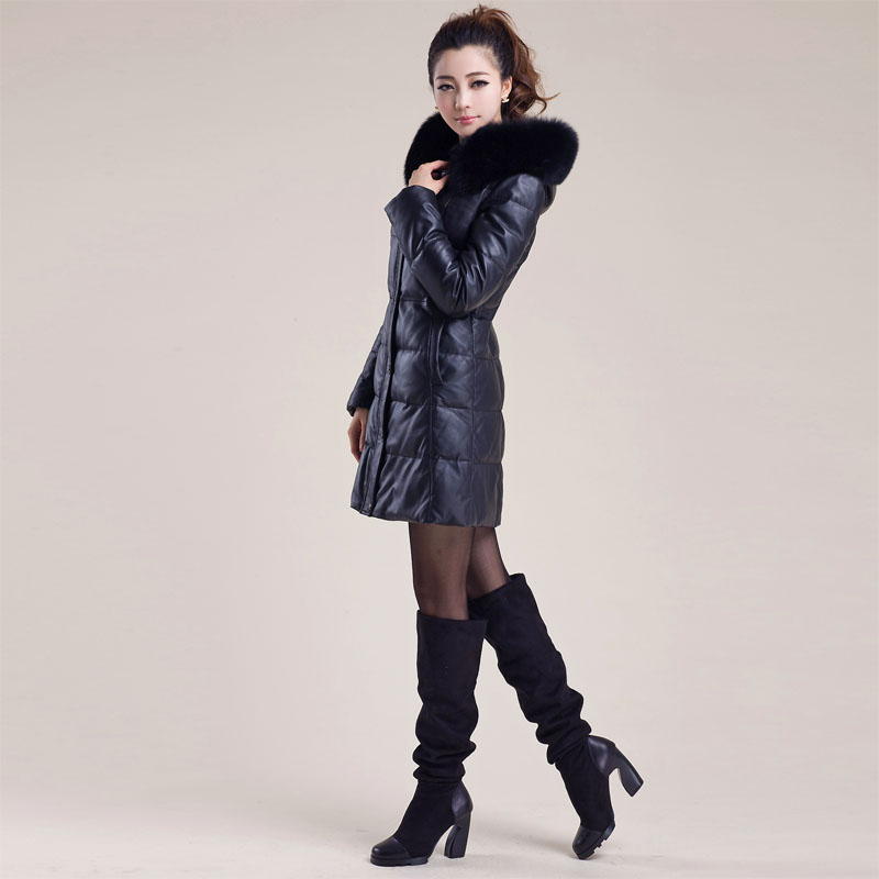 Leather clothing 2012 genuine leather down coat women's sheepskin genuine leather clothing long design hooded