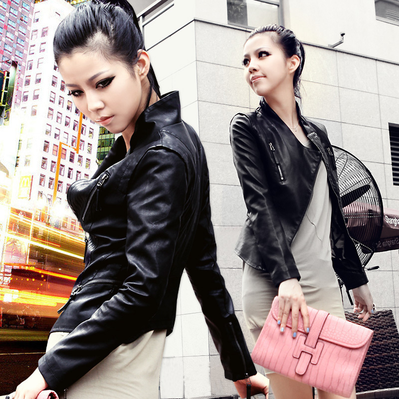 Leather clothing 2012 outerwear motorcycle stand collar short design slim small leather clothing female