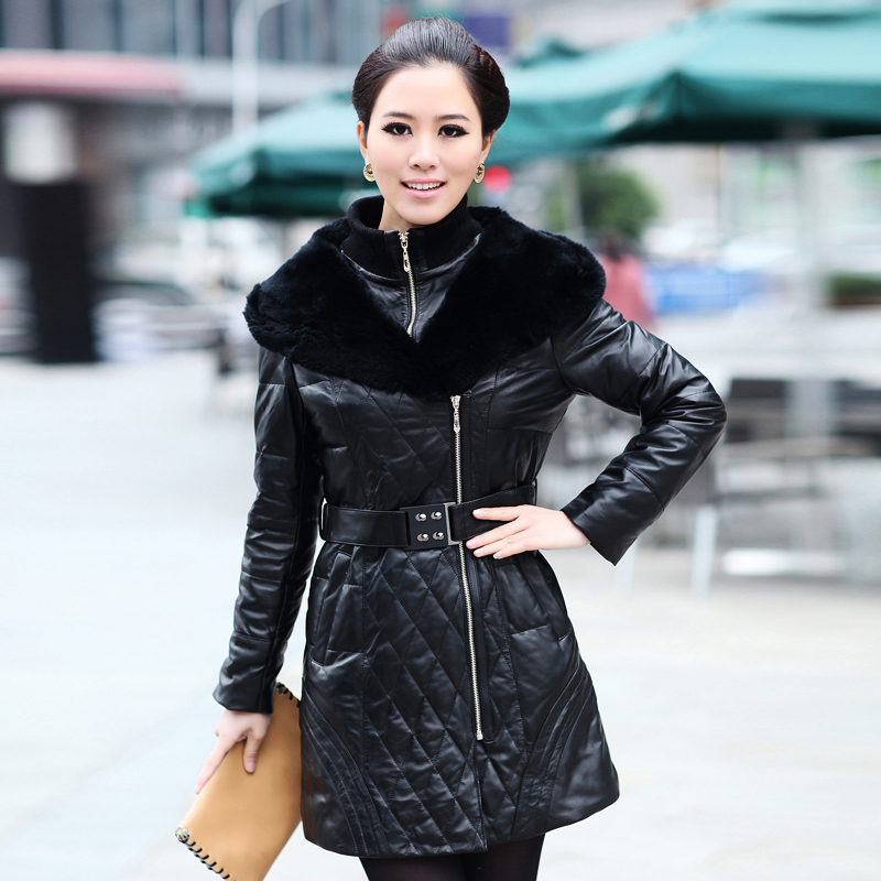 Leather clothing 2012 sheepskin down coat female sheepskin long design genuine leather clothing rex rabbit hair Free shipping