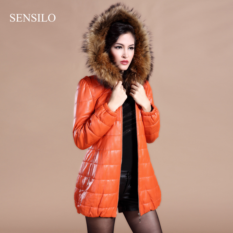 Leather clothing 2013 female plus cotton medium-long cap genuine leather wintercoat slim raccoon fur sheepskin outerwear s1242