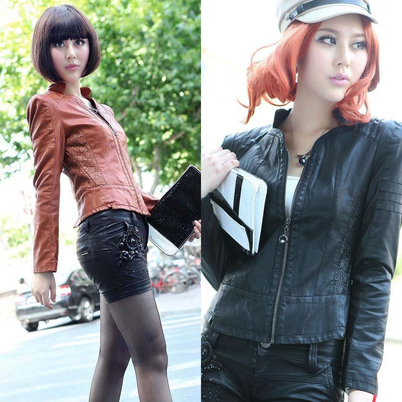 Leather clothing autumn 2012 slim double V-neck leather clothing PU motorcycle short design leather clothing women's