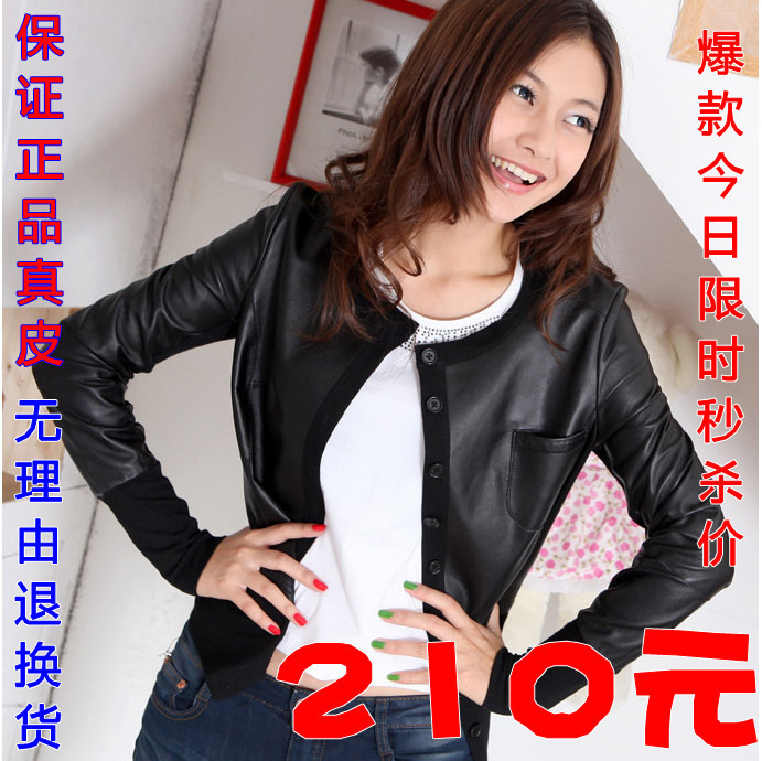 Leather clothing female short design o-neck sheepskin jacket outerwear long-sleeve shirt